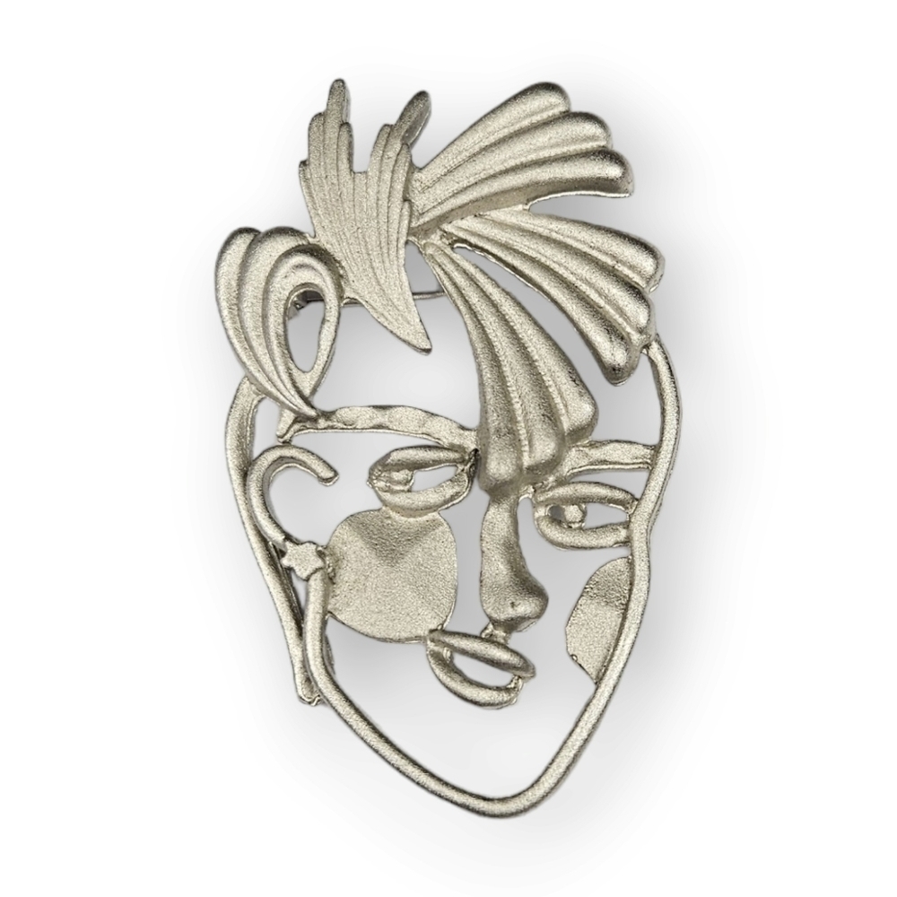 Modernist Face Brooch Lady With Hat Brushed Silver Tone Open Work Vintage 2 5/8"